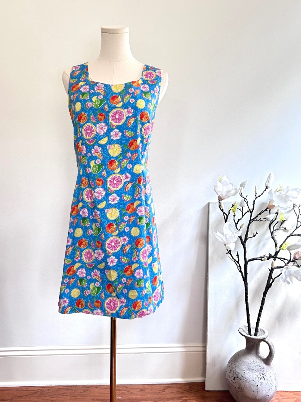 Kaeli Smith Citrus Mini Dress Size 14 Retro Blue Lemon Orange Fruit Print Resort